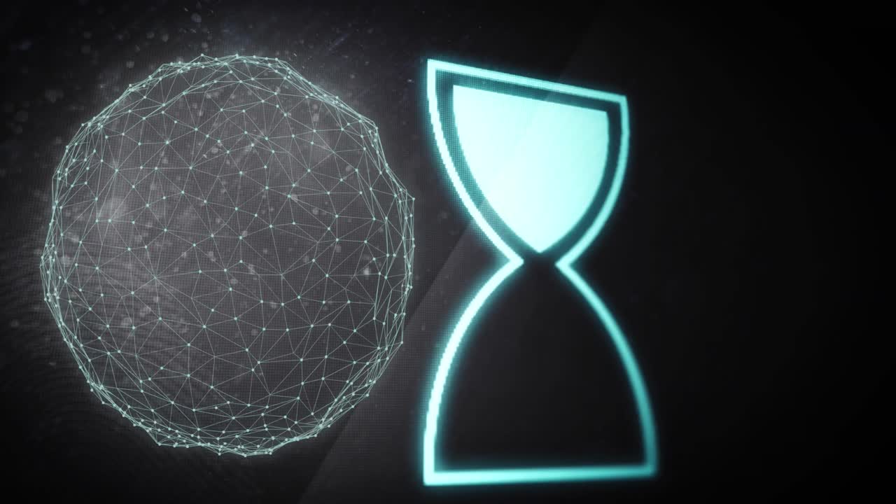 animación de la red de conexiones con fondo de icono de cristal de globo y hora