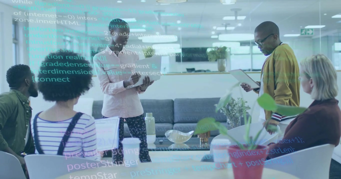 Tech professionals leading collaborative meeting in office lounge, projecting laptop code hologram