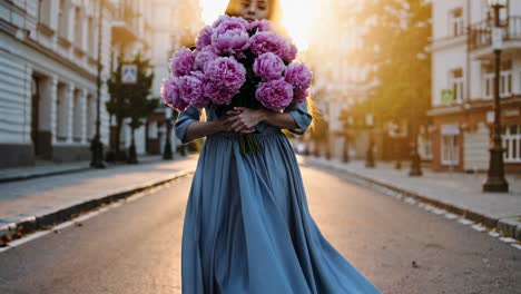 la luz del sol de la hora dorada ilumina a una mujer que camina con gracia por una calle de la ciudad, su rostro escondido detrás de un vibrante ramo de peonías rosas, su vestido que fluye balanceándose suavemente en la brisa