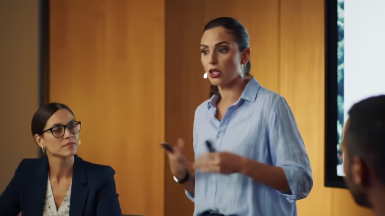 Engaging Presentation: A Confident Speaker Captivates the Audience with Insightful Ideas in a Professional Meeting Room Setting