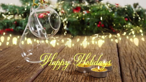 animation of text, happy holidays, in yellow, over string lights and christmas decorations