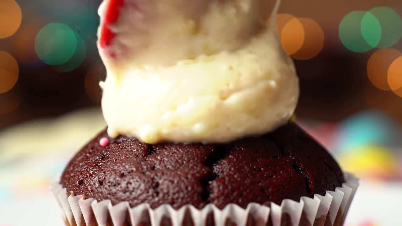 Close up view of decorating a chocolate cupcake with frosting
