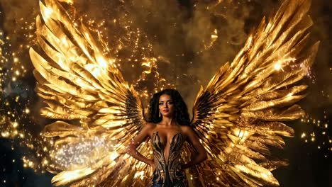 a woman in a black and gold dress with gold wings