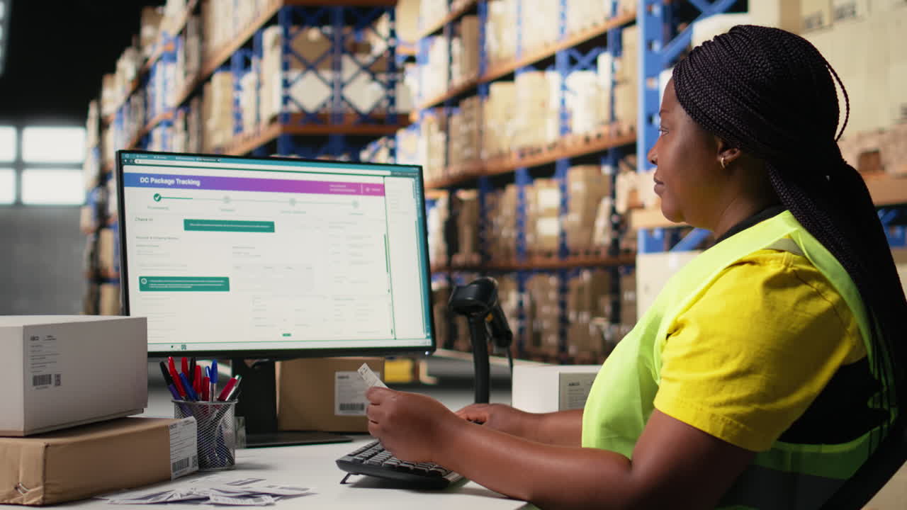 Vertical Video African american female worker typing awb shipment details on computer