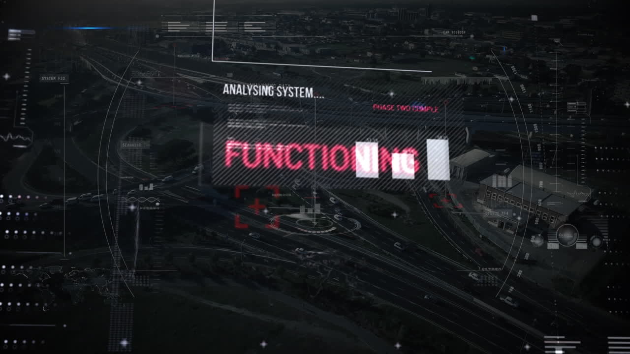 Animation of data processing and analysing on screen over cityscape