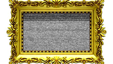 la cámara hace zoom en el marco de la imagen dorada sobre un fondo blanco, ruido de la tv, pantalla verde