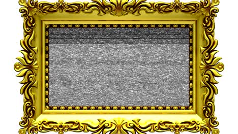 camera zoom into the gold picture frame on white background, tv noise, green screen