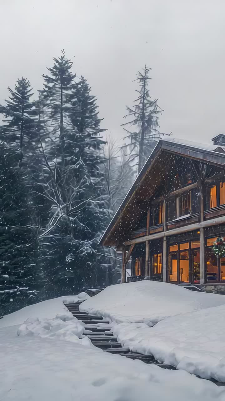 Vertical video: Opening camera pan revealing cabin at snowy edge on right, showing wreath and steps
