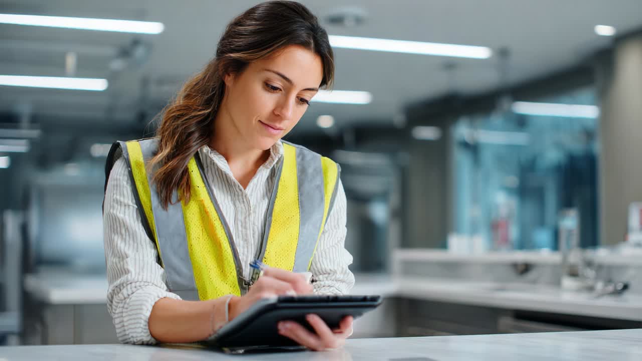 A Dedicated Professional in a Safety Vest Taking Notes with a Tablet on a Modern Workplace Desk, Engaging in Documenting Important Information in a Productive Environment
