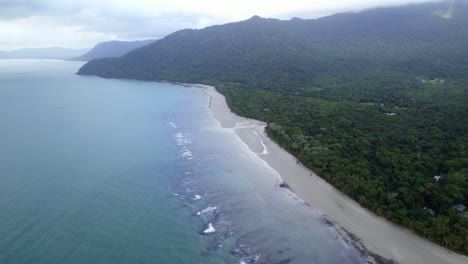 densely forest mountains on sandy beach in daintree rainforest, cape tribulation, qld australia