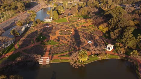 rotating aerial view over beautiful rose gardens at parque tres de febrero, buenos aires, argentina