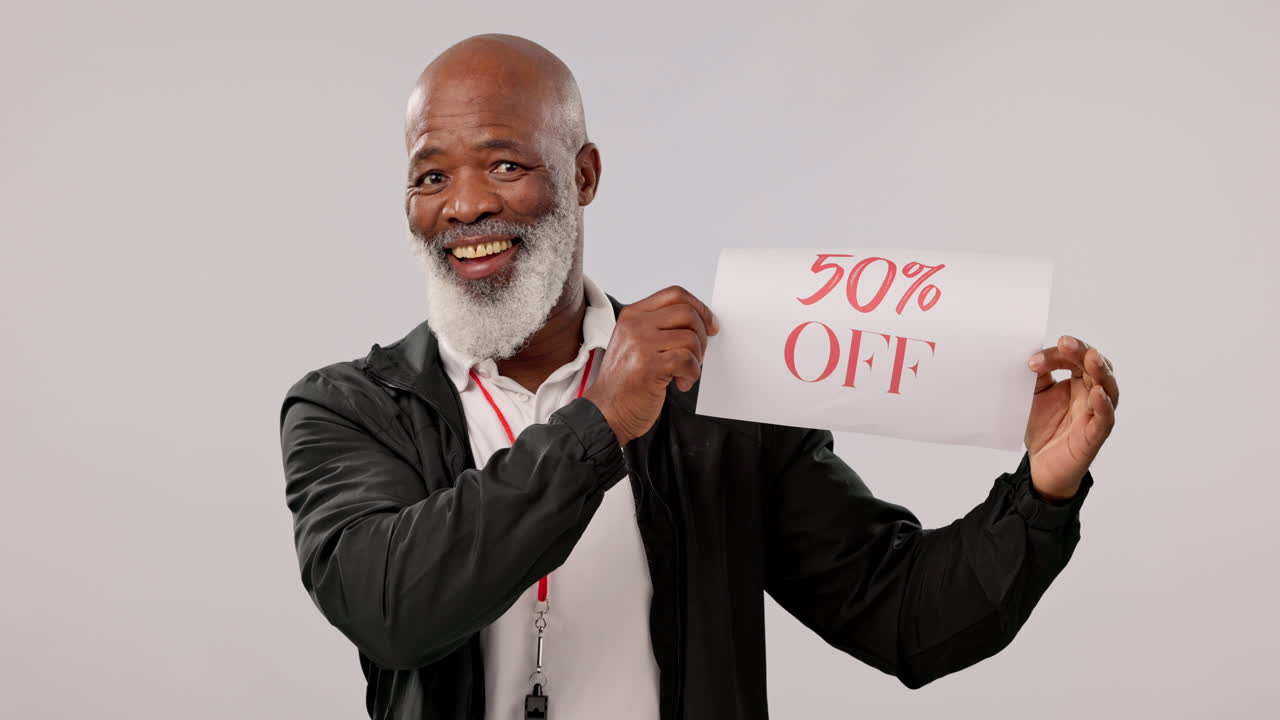 Sale, offer and senior black man with sign