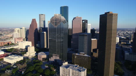 Downtown-Houston-TX-USA,-Cinematic-Drone-Shot-of-Skyscrapers-and-Towers