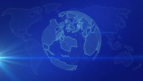 animation of globe and light trails with world map on blue background