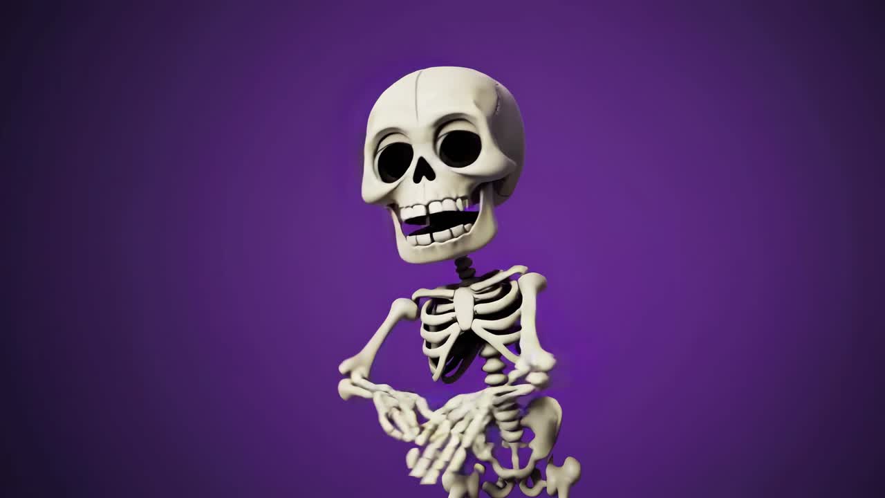 A playful 3D skeleton dances against a vibrant purple backdrop. The video uses a low-angle shot