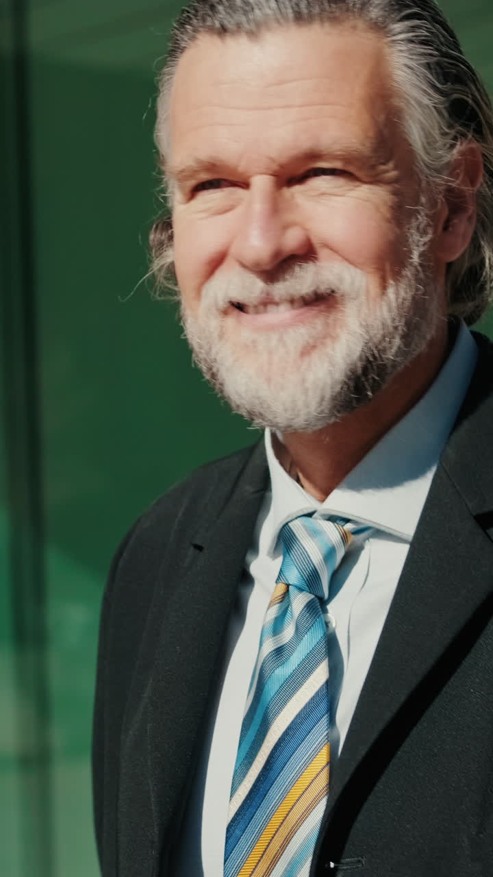 Smiling Businessman Walking Outside Modern Office