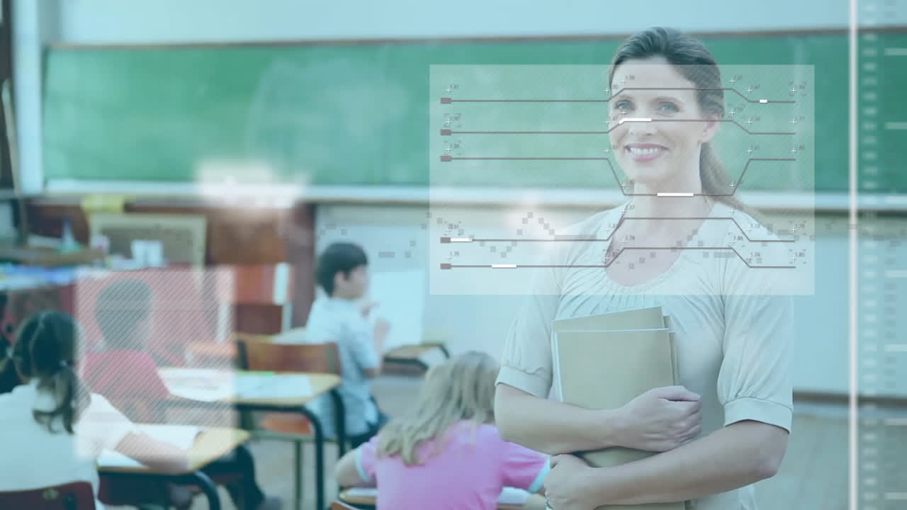 Teacher holding books in classroom with data processing animation over students