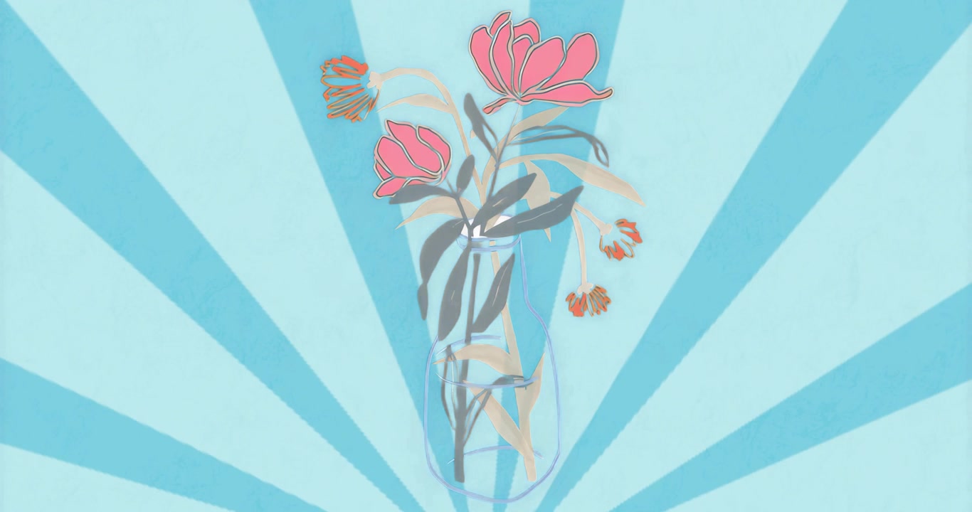 All'avvio, un vaso di vetro contenente fiori stilizzati si riempie di petali rosa tenue, con una fioritura pulsante.