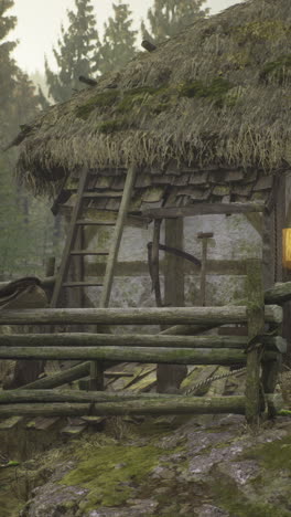 rustic wooden cabin nestled in a tranquil forest during misty autumn morning