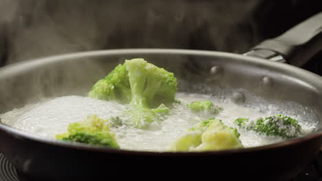 steaming broccoli in a pan