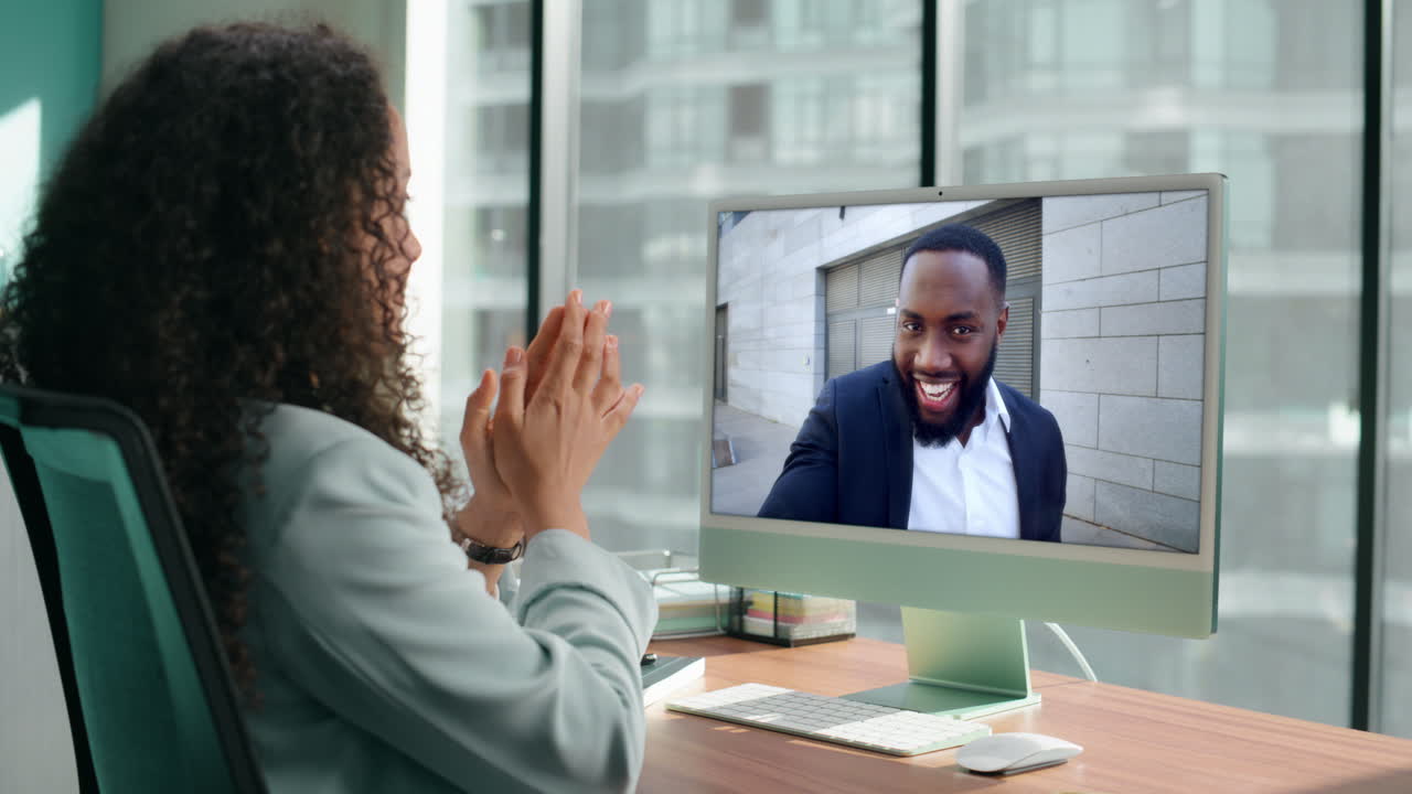 Business lady talking online negotiations with partner by desk computer close up