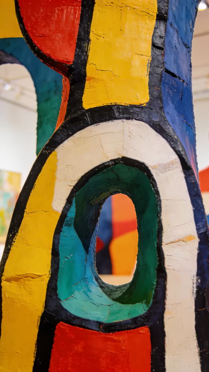 Video verticale: La telecamera inizia a passare, rivelando una scultura con foro ovale e blocchi di colore in galleria.