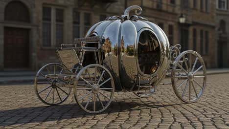 an enchanting metallic pumpkin carriage stands out against a cobblestone street while bystanders pass nearby in this magical scene