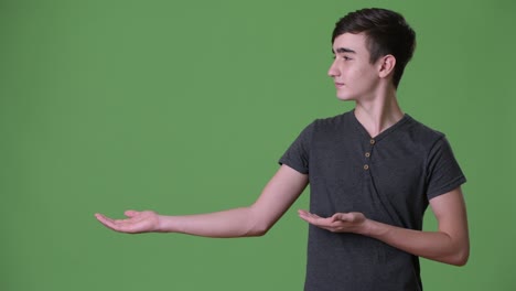 joven y guapo adolescente iraní contra un fondo verde