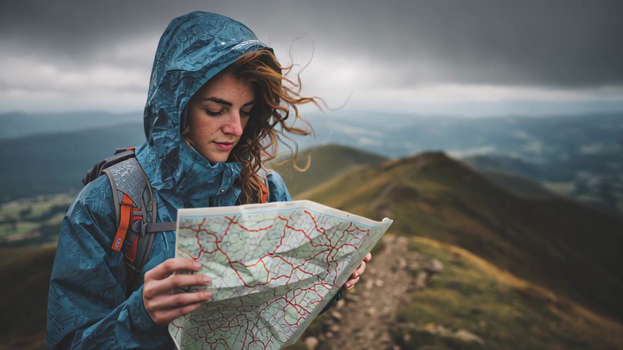 Riprese di una giovane donna con giacca antipioggia che controlla una mappa cartacea su un sentiero di montagna con tempo ventoso, cielo coperto drammatico e paesaggio di valle distante