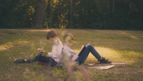 schoolboys do home task sitting back to back on green lawn