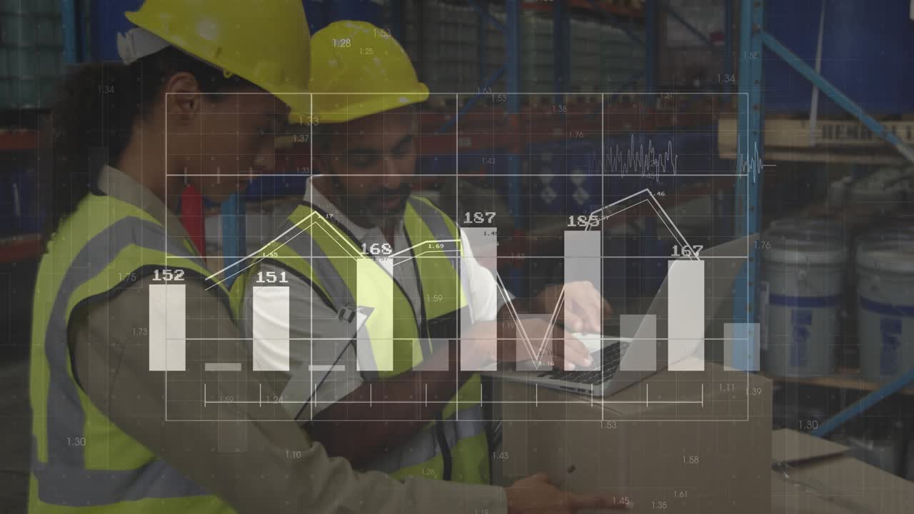 Warehouse worker tapping tablet and launching animated inventory charts for stock tracking