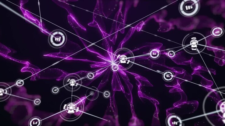 Animation of network of connections with digital icons over purple smoke trails