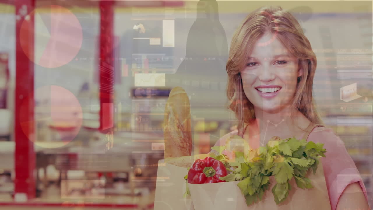 쇼핑을 하는 행복한 백인 여성에 대한 금융 데이터 처리 및 통계의 애니메이션