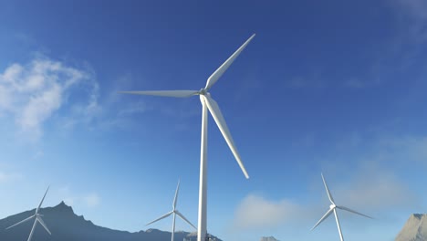 An-offshore-Windmill-farm-in-the-water.-Multiple-wind-turbines-producing-electric-power-using-the-environmental-force-of-wind-with-beautiful-mountains-in-the-background,-and-wavy-water-beneath-them.