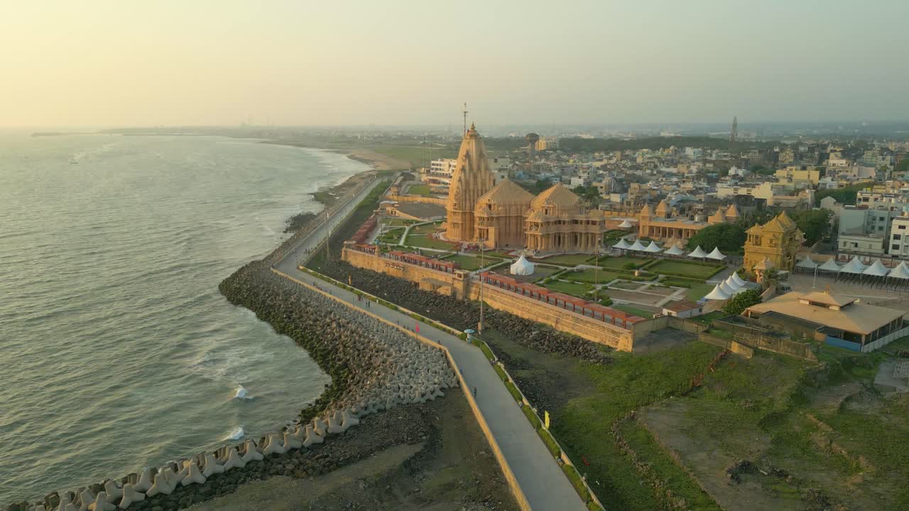 Aerial View of a Coastal Temple in Dwarka, India
