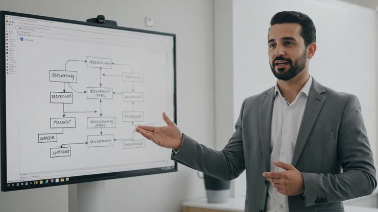 Professional Presenter Explaining a Detailed Flowchart on Career Pathways and Development Strategies in a Modern Office Setting