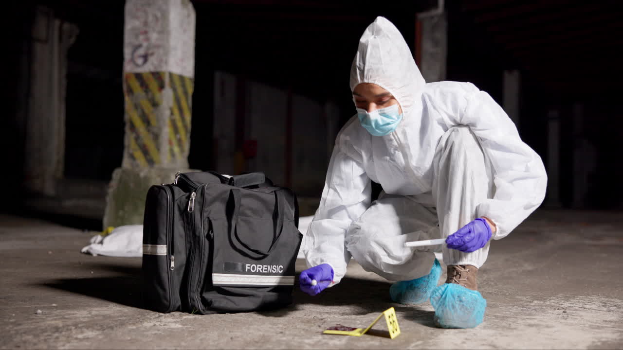 A forensic scientist collects evidence at a crime scene