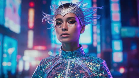 futuristic fashion enthusiast poses in vibrant neon cityscape, showcasing innovative outfit and striking accessories amidst urban landscape