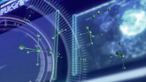Animation-Von-Molekülen-über-Die-Datenverarbeitung-Auf-Schwarzem-Hintergrund