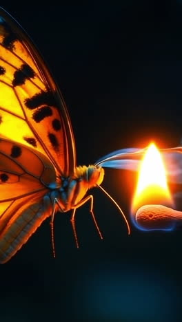 butterfly glowing near a match flame. a butterfly with vibrant orange wings approaches a lit match, contrasting light and darkness in a captivating moment.