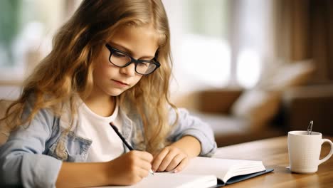 young female student wearing glasses, writing homework in notebook while sitting at wooden table, drinking hot beverage, focusing on academic task in comfortable home environment with natural light