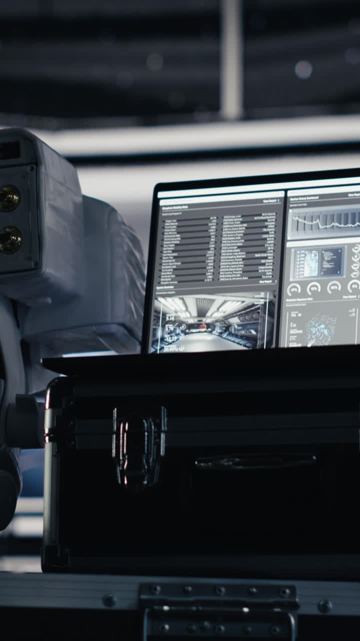 Vertical video Astronaut pressing wrist display to send SOS signal after onboard incident