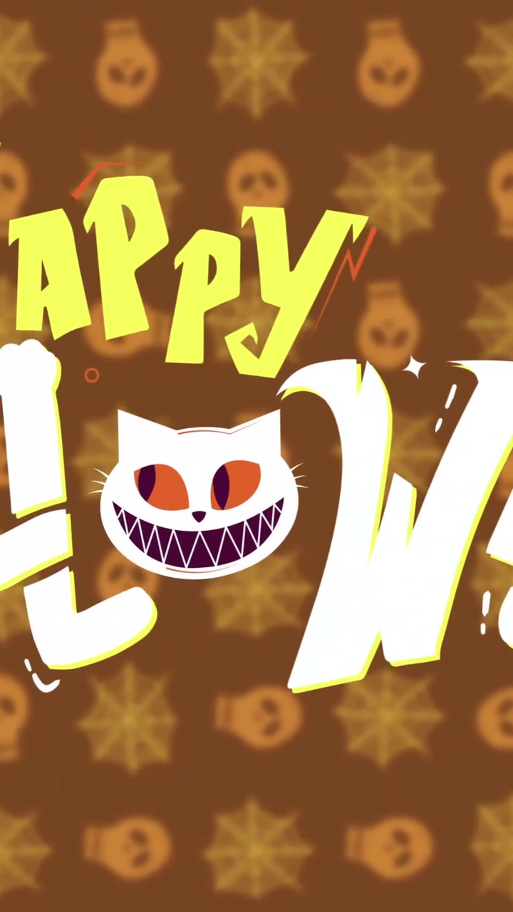Animazione testuale Buon Halloween su sfondo con motivo a zucche e stelle.
