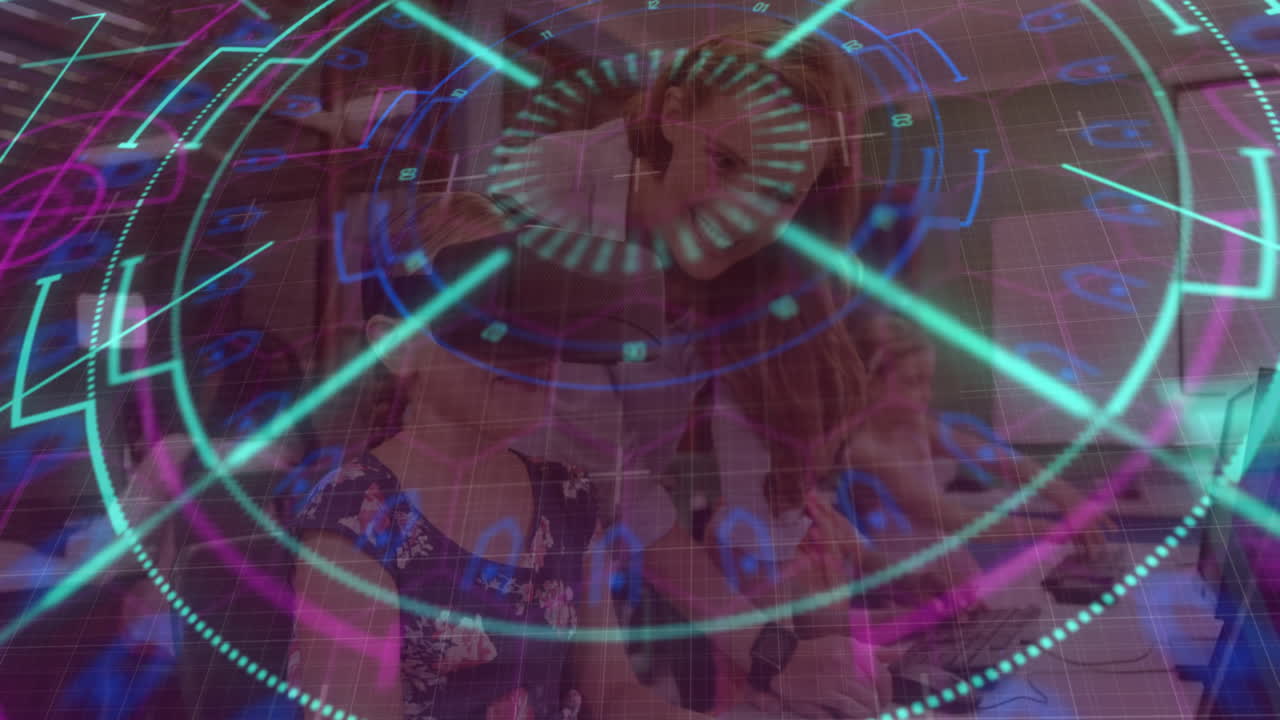 학교에서 vr 헤드 ⁇ 을 착용한 백인 소녀에 대한 네온 범위 스캐너