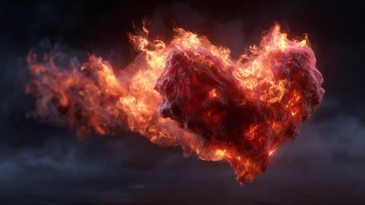 An Explosive Transformation of a Fiery Heart, Radiating Intense Flames and Smoke That Symbolizes Passion, Energy, and Emotion in a Dramatic Visual Display
