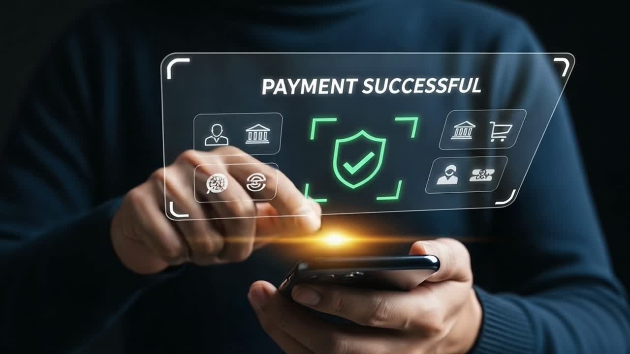 Person Completing a Secure Mobile Payment on a Smartphone with a Virtual Interface