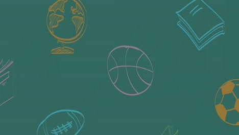 animation of colourful sports ball, globe and book doodles moving over green chalkboard