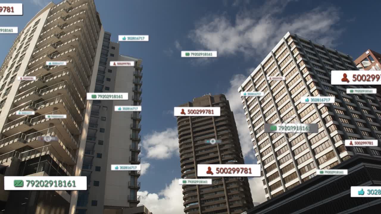 도시 풍경 위의 미디어 아이콘의 애니메이션