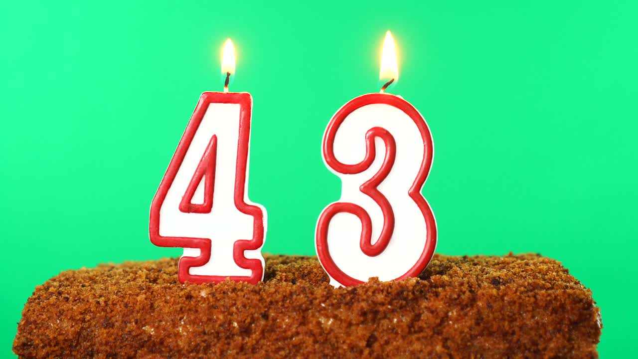 Cake with the number 43 lighted candle. Chroma key. Green Screen. Isolated