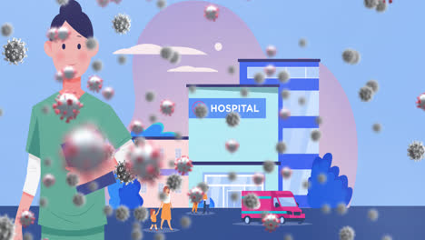 animation of covid 19 cells over illustration of female doctor and hospital